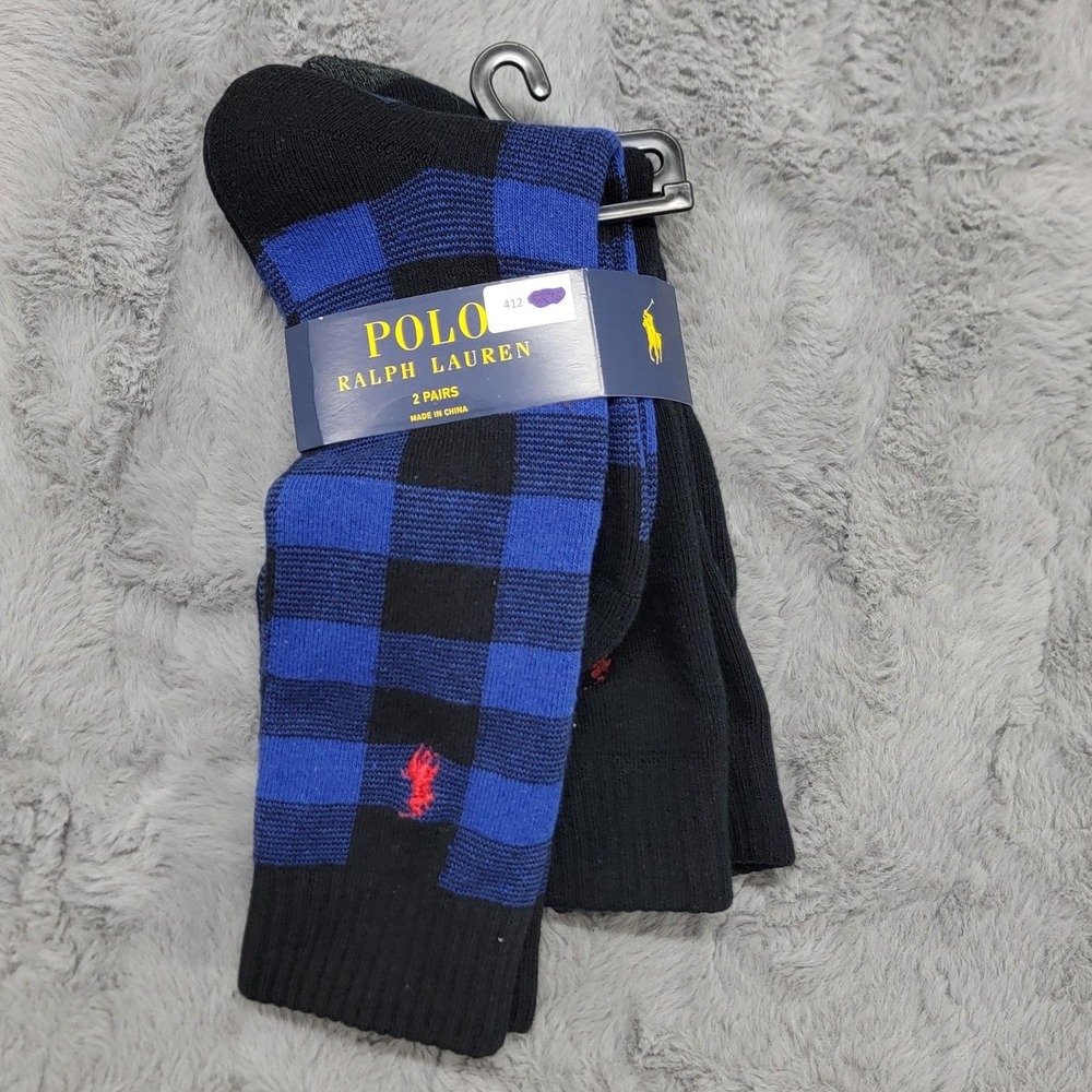 Polo Ralph Lauren Socks Mens 10-13 Blue Buffalo Check Pony 2 Pairs Mid Calf